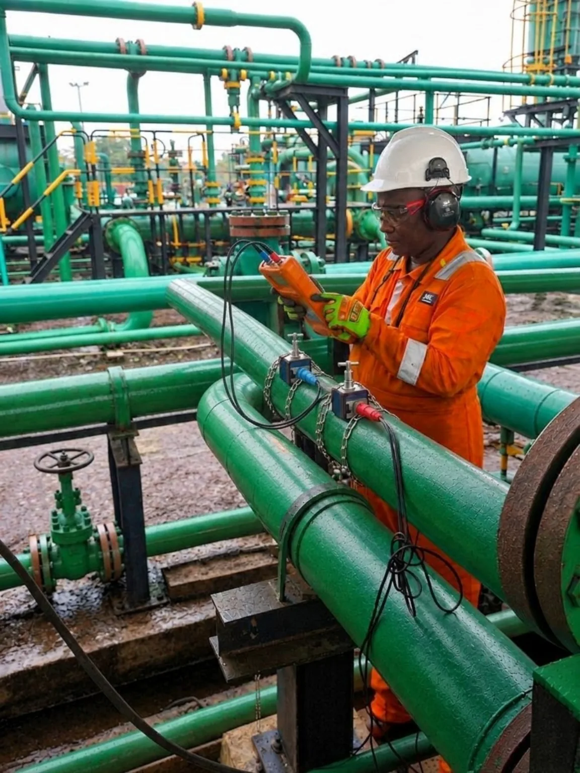 Technician in orange protective clothing taking measurements with clamp-on instruments on green pipework
